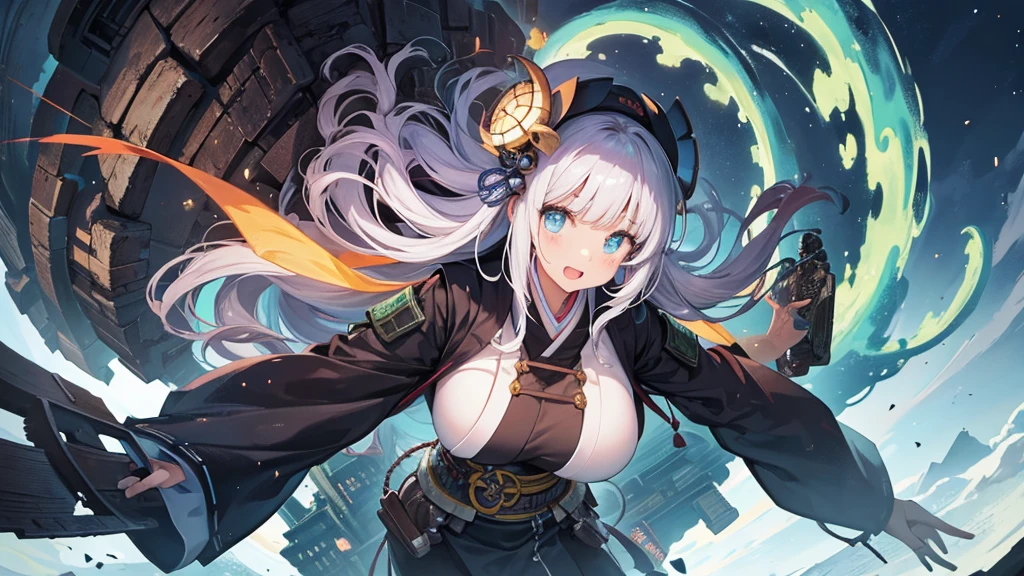 A girl with a giant slug monster with its mouth wide open,A Broken World,Collapse,force,castle town,Japanese style
