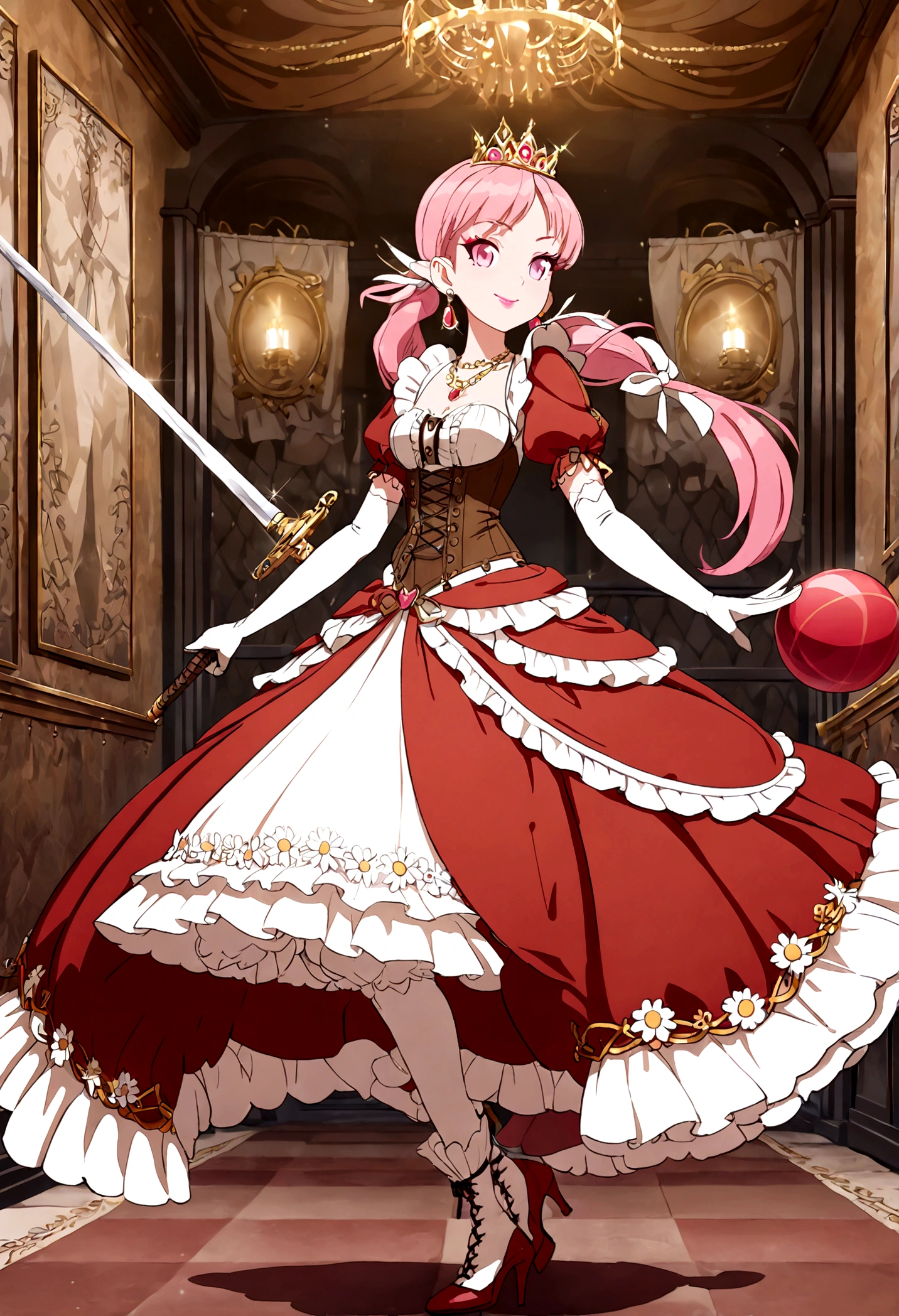 (best quality,4k,8k,highres,masterpiece:1.2),ultra-detailed, Pretty  princess, drawn in anime style, is cute and happy, long red pigtails hair, pink eyes, small breast, makeup and lipstick, steampunk, red ball gown with puffy sleeves, physically-based rendering,gorgeous frilly dress design,flowing gown,elaborate lace details,rich textures,contrast stitching,delicate ribbon bows,floral accents, daisy flowers embroidery, full skirt,short sleeves,fitted waistline,flared cuffs,lace-up back,luxurious fabrics,flawless silhouette, petticoat, bloomers, bustle, corset, hair ribbons, white elbow gloves, ruby earrings and necklace, gold tiara, high heels, holding a fencing sword, standing in castle bedroom, highly detailed, 4K.