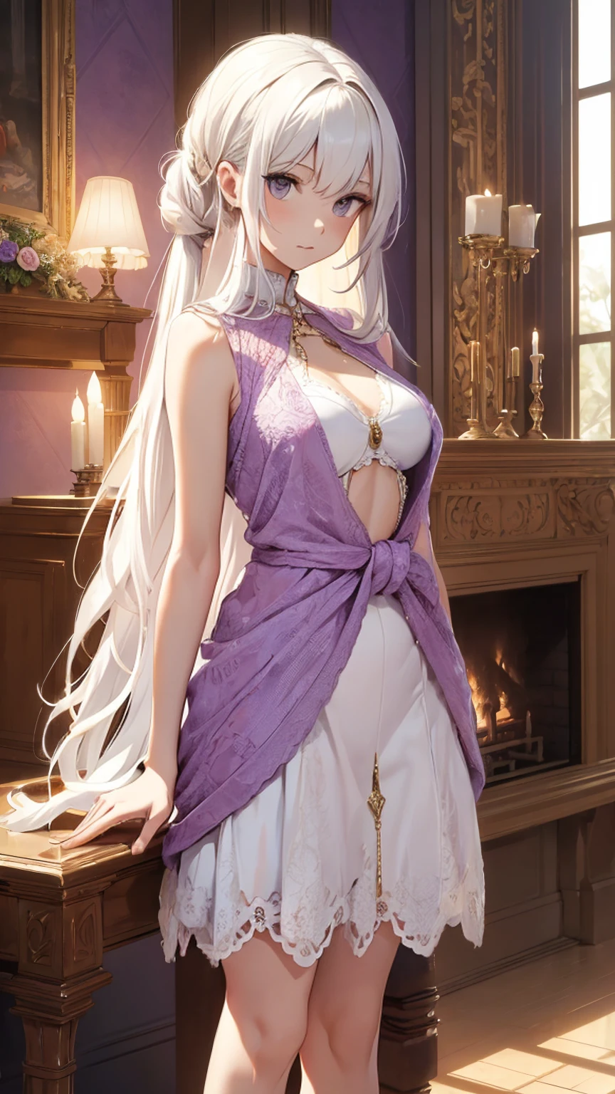 ((best quality)), ((masterpiece)), ((best quality)), ((masterpiece)), ((detailed)), Ridiculous resolution, high resolution, (masterpiece:1.4), Hyper-detailing, a young european woman. Necklace. ((Sleeveless knitwork sweater)). Fireplace. Standing. ((White hair)). She has bangs in her hair. Standing. ((Purple eyes)).