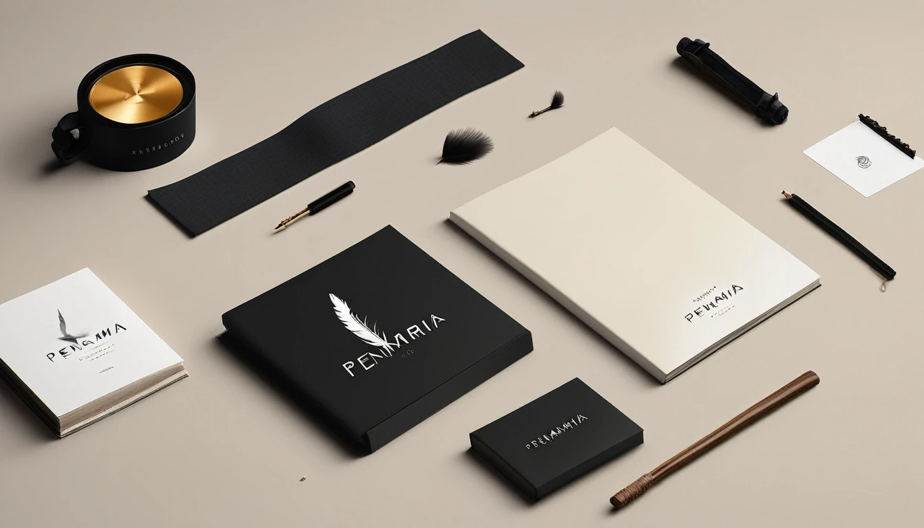 A minimal, modern, simple, cinematic logotype for the brand “Penamemoria". The logotype must be a simple, magical feather and a boy playing acoustic guitar. The logo must convey a sense of music, stories and dreams. Logo design impressed on a book cover. Minimalistic logo