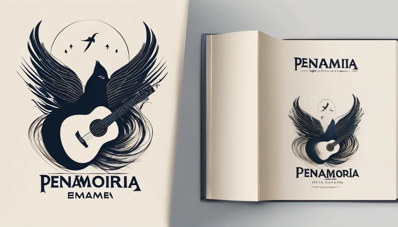 A minimal, modern, simple, cinematic logo design for the brand “Penamemoria". The logo design must be a simple, silhouette of a boy, standing up, playing acoustic guitar and fantasy feather by his side. The logo must convey a sense of music, stories, memories and dreams. Logo design impressed on a book cover. Minimalistic logo. Light blue, white and soft golden as colors for the logo design
