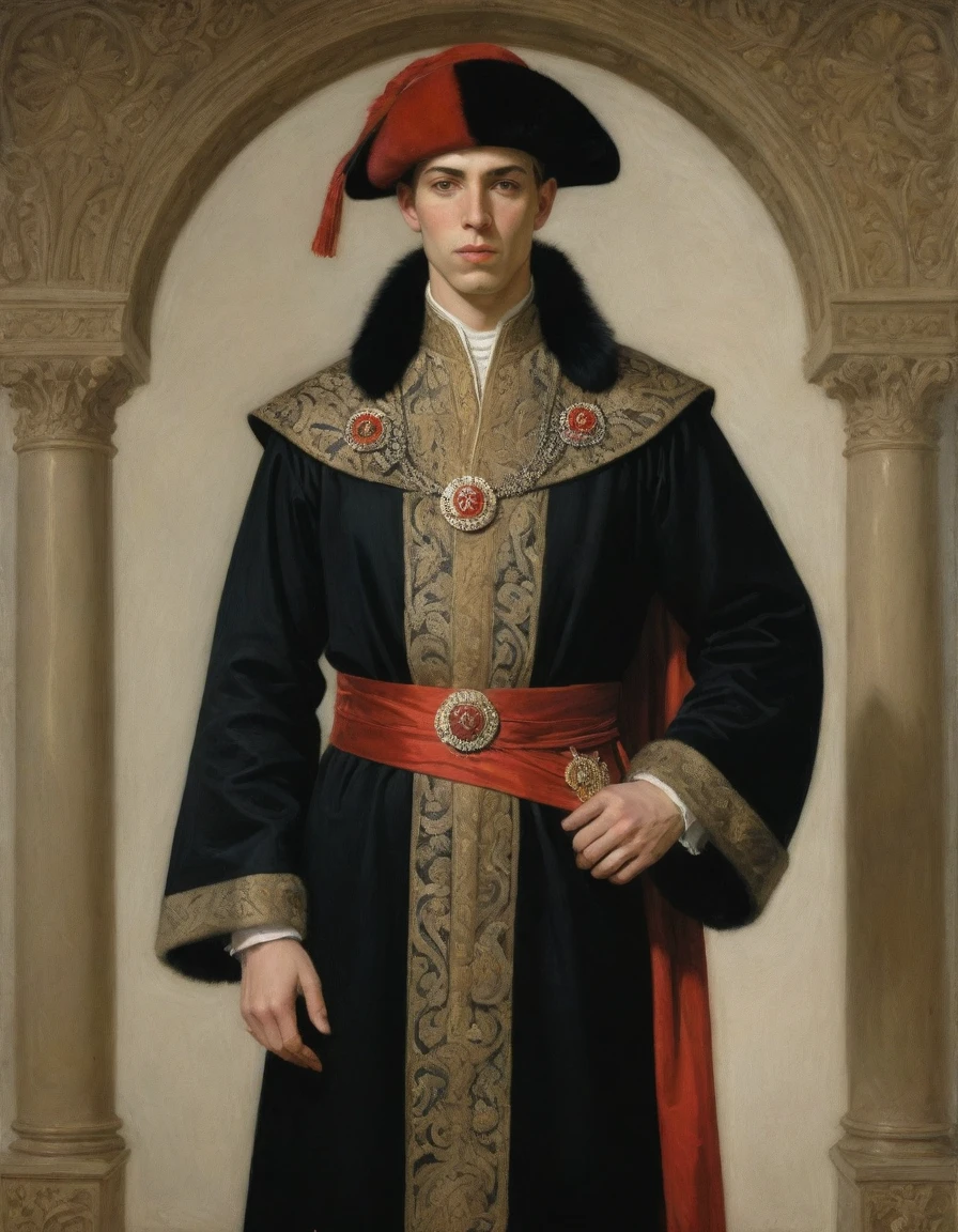 Design me a {{Colossal Masterpiece, high detail}}, a ((((full body portrait, male focus)))), ((by Joseph Karl Stieler)), (by J. C. Leyendecker), the composition is: (((a very young male nobleman, sullen, facing viewer. He is wearing a fur hat. He is wearing a black Mughal caftan with Praetorian elements, sashes, medals, red diamond pendants)))