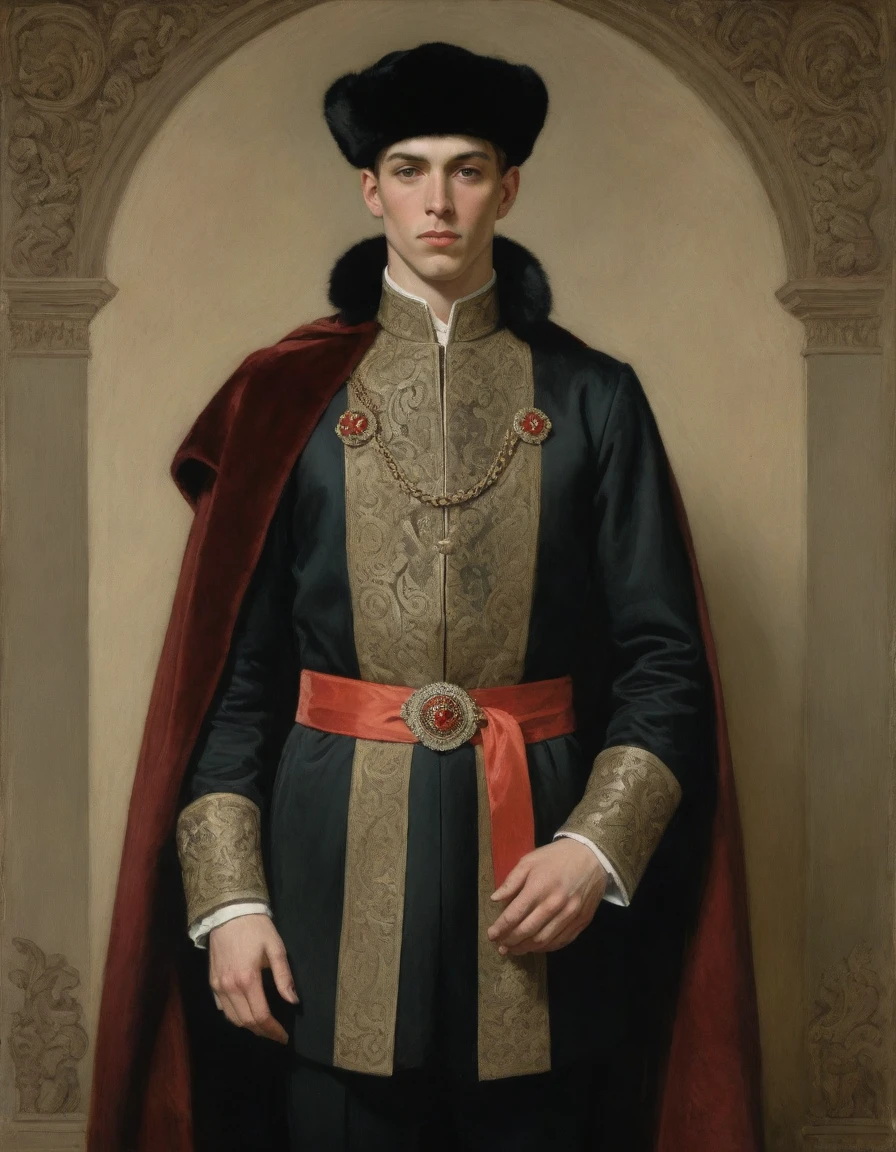 Design me a {{Colossal Masterpiece, high detail}}, a ((((full body portrait, male focus)))), ((by Joseph Karl er)), (by J. C. Leyendecker), the composition is: (((a very young male nobleman, sullen, facing viewer. He is wearing a fur hat. He is wearing a black Mughal caftan with Praetorian elements, sashes, medals, red diamond pendants)))