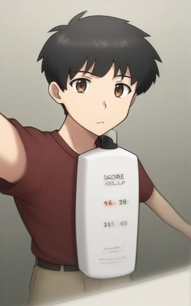 score_9, score_8_up, score_7_up, score_6_up, score_5_up, score_4_up, shampoochallenge, shampoo bottle, khaki pants, red polo shirt, male focus, cute face, 1boy, solo, phone, selfie, black hair, brown eyes, bathroom, sunna (nilsunna), aaaa (quad-a), rating_explicit  