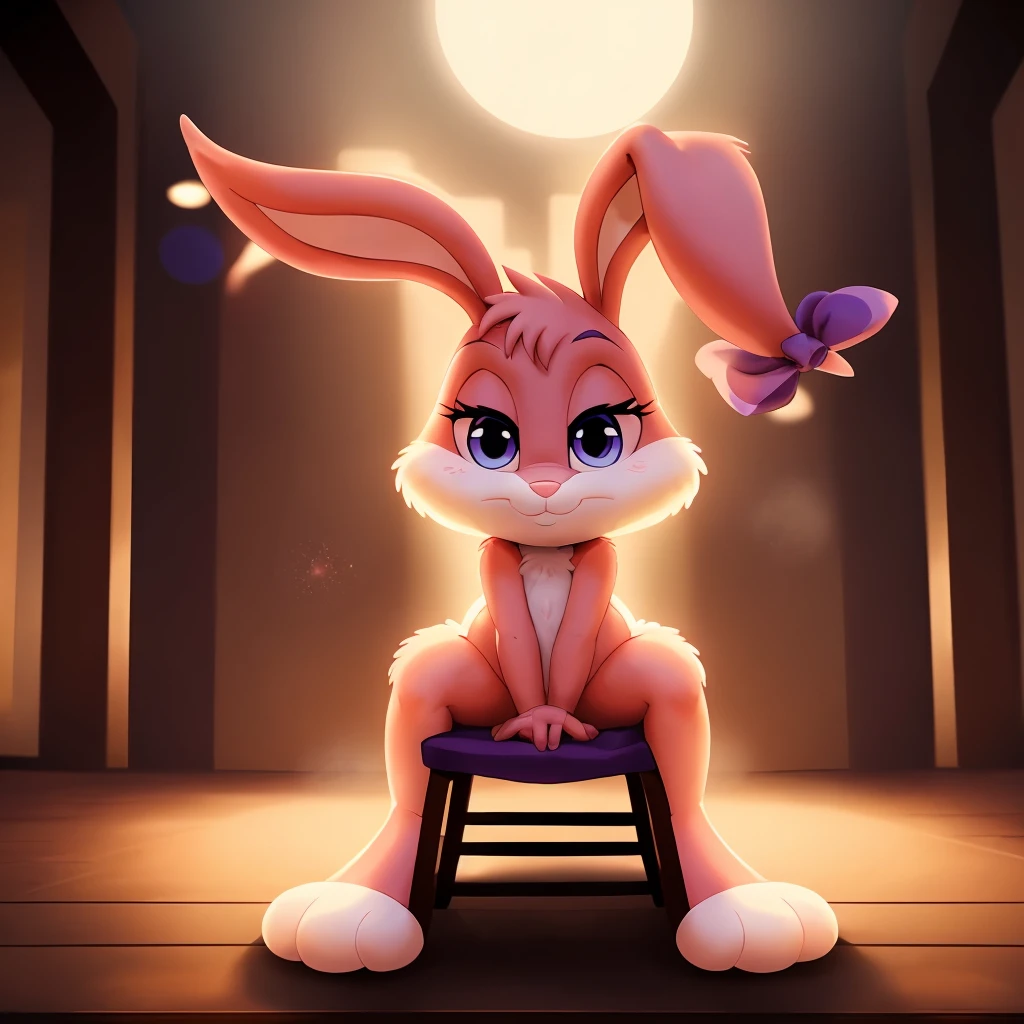 concept art solo, cute, cub, Babs, bunny, girl, sly expression, Pink eyelids, rabbit teeth, pink nose, pink body, pink head, pink ears, pink legs, white cheeks, white feet, white tail, ears drooping, lop-eared, naked, purple bows on the ears, standing, modest, thoughtful, naive, (((sitting on chair))), (((focus on feet))) erotic pose,Perspective)),(Full-Length Shot:1.3),(Cinematic:1.3), (AS-YoungV2:1.3),
masterpiece, high quality, best quality, manga style, anime style, 8k, 4k, texture, intricate, detailed background, 3d fluffy, long fuzzy fur, glow effect, particle effects, light particles, dramatic, hot body, body blush,
solo, solo focus, pov, looking at viewer, hyper-pregnant, hyper-breasts