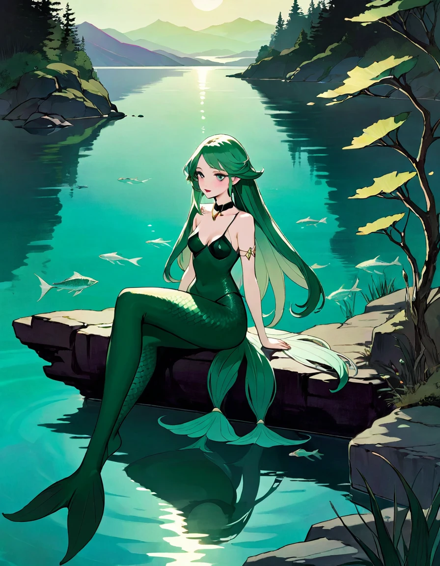 green hair, She is a mermaid with a long tail of fish and very beautiful, she is sitting cheerful and quiet, in the lake with an enclosed mountain, low and bright Darksynth aesthetic, minimalist background, gothic makeup, weird fashion photography, ultra detailed, masterpiece. night, God, full body， Decorative panels， Abstract artistic， Alphonse Mucha （tmasterpiece， Best quality， A high resolution： 1.4）， A detailed， Complicated details，(art inspired by Bill Sienkiewicz) oil painting, details of brush strokes that enhance depth)
