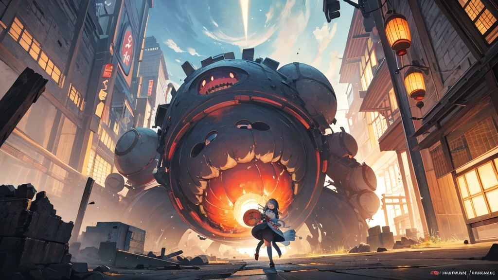 A girl with a giant round monster with its mouth wide open,A Broken World,Collapse,force,castle town,Japanese style