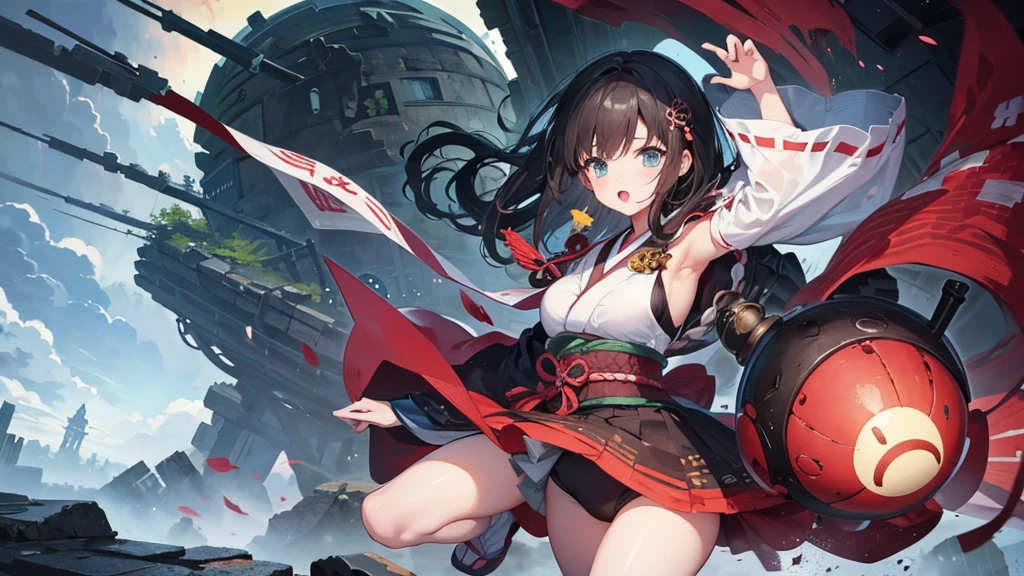 A girl with a giant round monster with its mouth wide open,A Broken World,Collapse,force,castle town,Japanese style