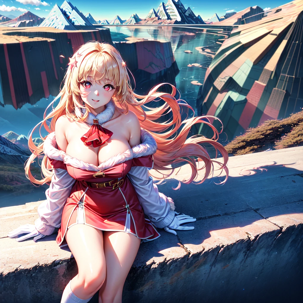 official art, masterpiece, sharp focueautiful gorgeous cute Korean woman:1.3), (beautiful cute korean:1.3), (beautiful and aesthetic:1.4), korean beauty, Delicate and beautiful hair and eyes and face, realistic, ultra detailed, beautiful girl, blue sky, glow white particle, (sidelighting:1.2), sun light, white cloud, detailed clouds, slender, Lovely very large breasts and very large hips,showing pink slip and lovely lips, (((shy and aroused, pink Star-shaped pupils, Red eyes)), (((Cuteness:1.7)), scenery, long straight hair, sexy facial expression, (mountainscape:1.7), dynamic hair, blonde long straight hair, detailed hair, streaked hair, glow pink eyes, sitting elegant near river (shoulder strap+fur coat over an off shoulder sweater+ red Ascot dress+cute pink skirt+princess pink cute collar+ white off shoulder blouse), white long socks, pale skin, epic scenery, hair ornament, Princess white gloves, appealing, (((Seduction:1.3))), air blow blonde long hairs, long black socks, 1 anime girl pretty cute