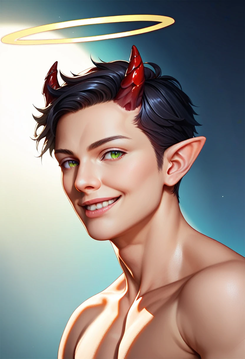 black hair, short ponytail, widow's peak, Angel Halo, demon horns, multicolored eyes, pointy ears, smile, young man, Conceptual art, Realism, chiaroscuro, anatomically correct, textured skin