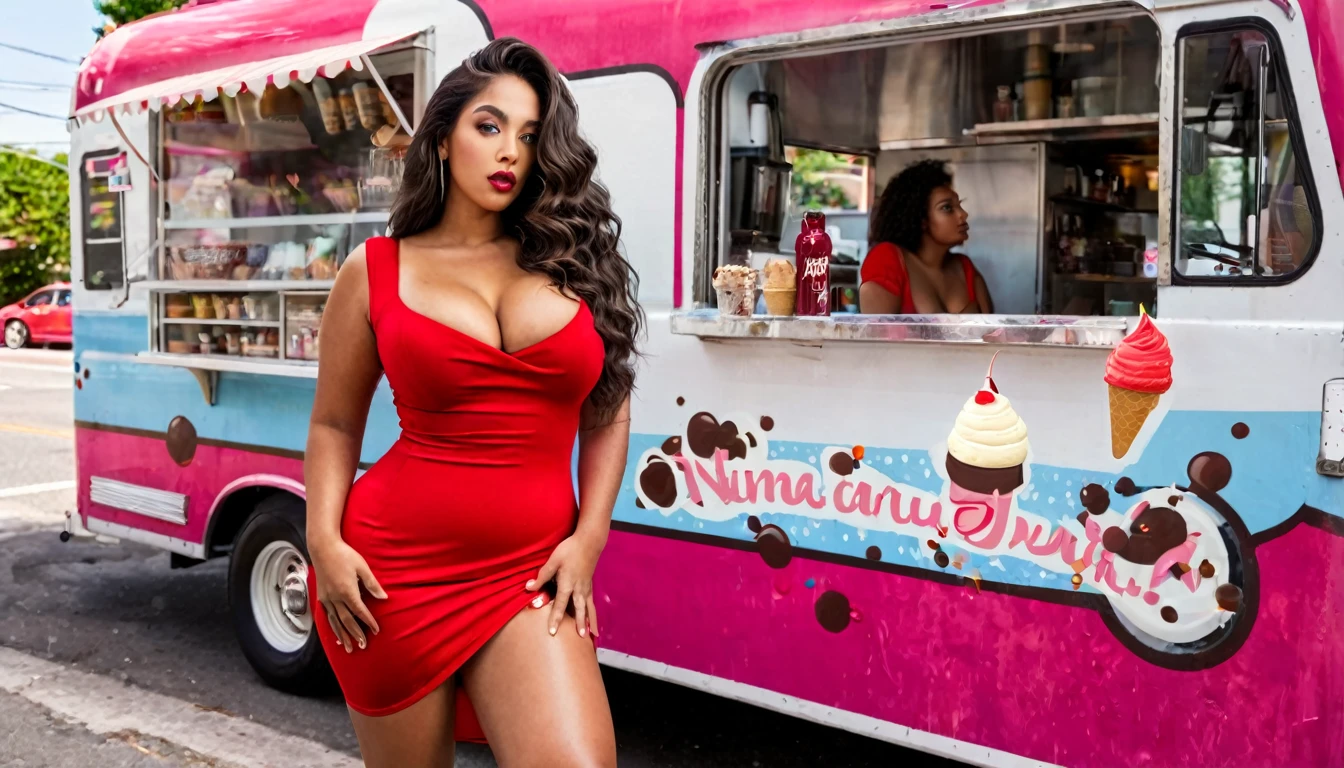 ultra realistic photo of a curvy woman, longs cheveux noirs flottants, dressed in a tight red dress, leaning against an ice cream truck