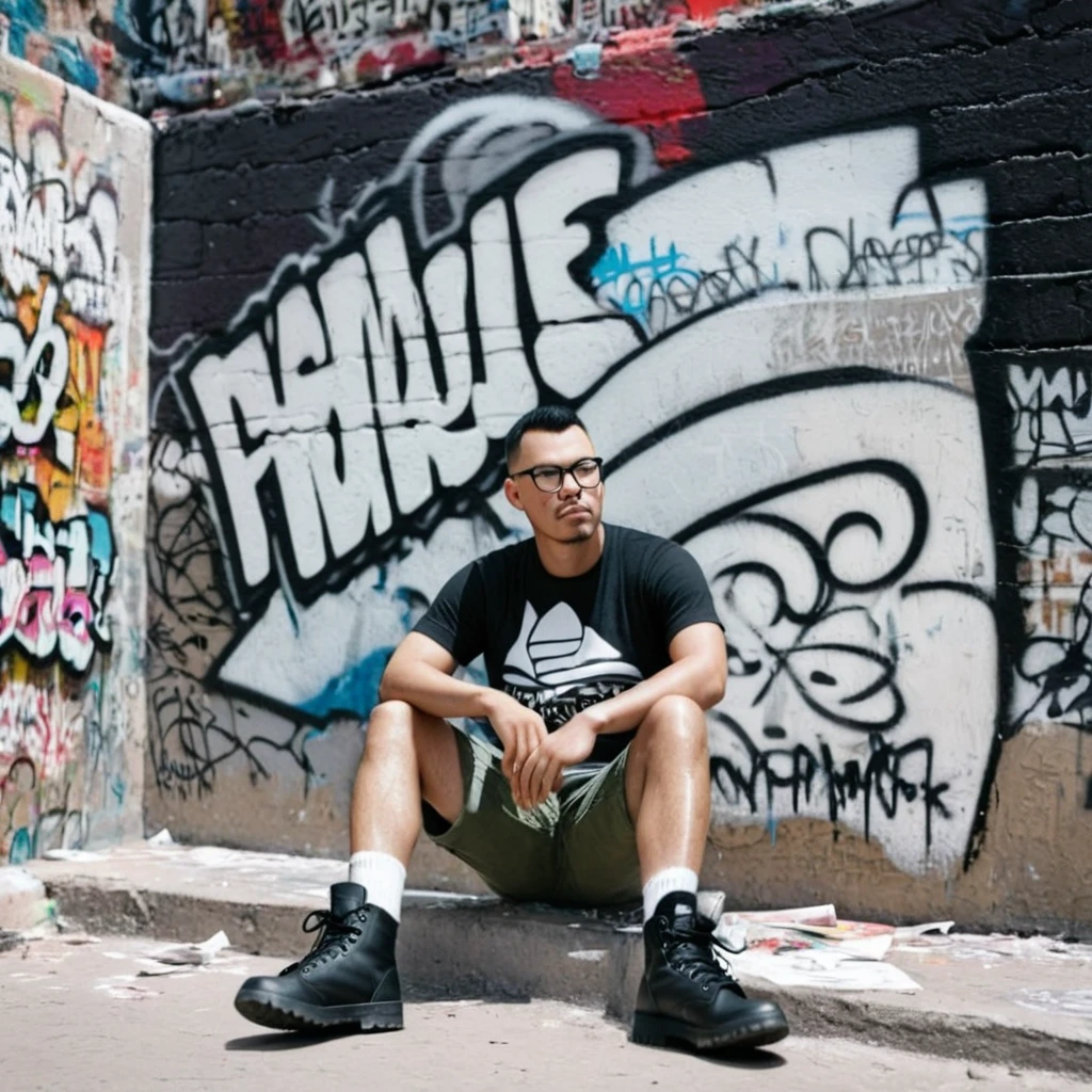 gutto2024abr, A professional RAW photograph of a man with glasses and short, military-cut black hair. He is wearing a t-shirt, cargo shorts, high-top adventure boots, and white socks. The man is sitting on the ground, leaning against a graffiti-covered wall in ruins. The man is in black and white, while the wall is in color. He appears very sad and despondent. The lighting is dark and heavy, capturing intricate details of his skin. Ultra-realistic with ultra-detail, emphasizing the somber mood and the stark contrast between the man and his colorful, dilapidated surroundings.