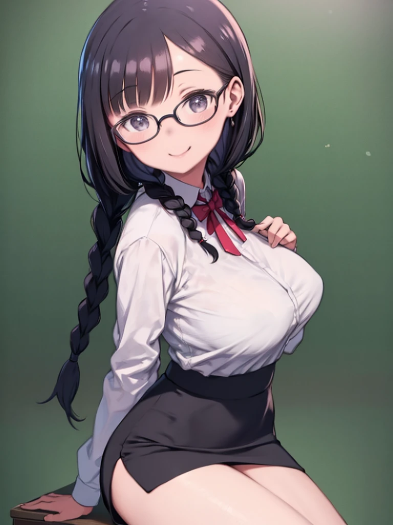 One Girl、Black Hair、Braids、Glasses、Big Breasts、School teacher、Smiling、White shirt、Tight Skirt、Pencil Skirt、Teaching Excellence、blackboard、Angle from above、Watching the audience、