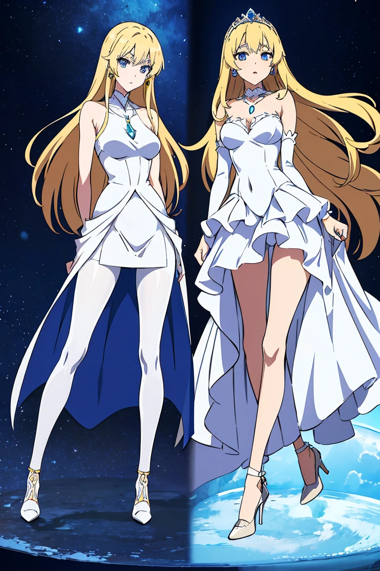 Anime girl with a slim build, princess, long blonde hair, blue eyes, long elegant princess dress, white pantyhose, heels, expensive necklace,  earrings 