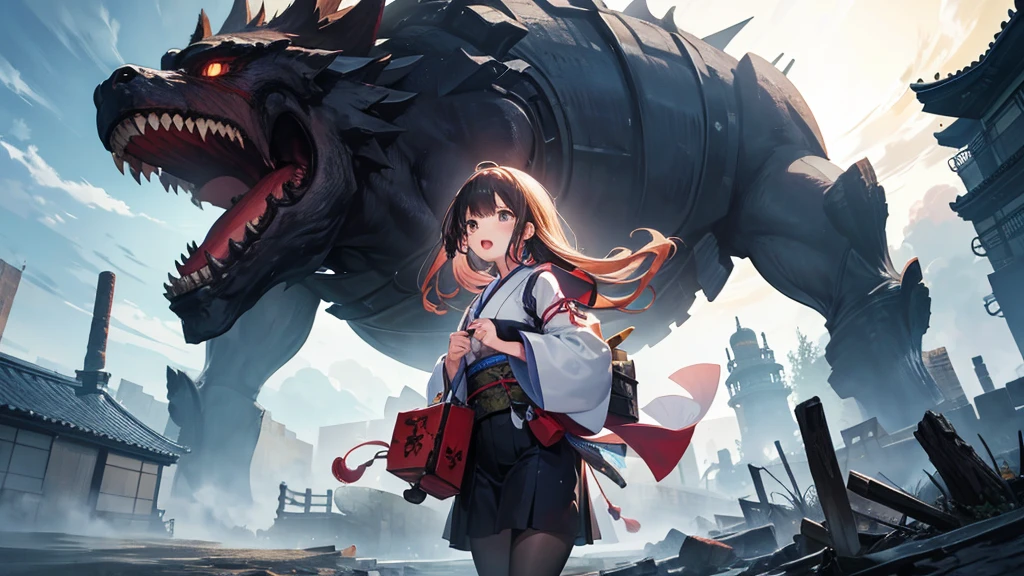 A girl carrying a giant monster with its mouth wide open,A Broken World,Collapse,force,castle town,Japanese style
