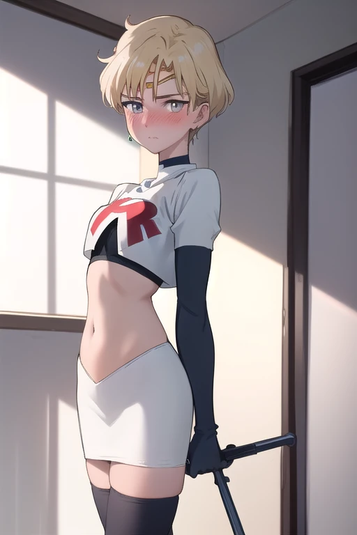 (best quality:1.1), (masterpiece:1.4), (absurdres:1.0),
1girl, sailor uranus, KizukiAi, mature woman, small breasts, aqua eyes, blonde hair, (blush:1.2), looking at viewer, team rocket,team rocket uniform,white skirt,red letter R,crop top,black thigh-highs,black elbow gloves
 