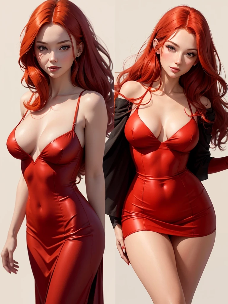 Illustration, drawing of a adult red hair woman, 30 years old, sexy, dressed with a revealing red dress. Happy look. Solid white color background. Work of art. Image with side margins. #3D, #illustration, #cinematic