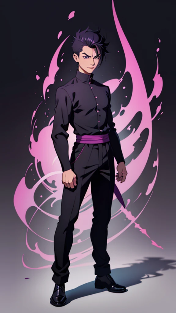 short black hair, highres, high resolution, masterpiece, wide purple eyes, talking, stoic, confident, masterpiece, best quality, highres, 1 man, Ghetto Suguru jujutsu kaisen, quiff haircut, straight hair, black hair, short hair, teenager, colorful hair, light background, full body, teenager, colorful parts, symbols, dark , bold, realistic mixing dark lines and loose lines, bold lines, on paper, human man, full body, intimidating pose, stylish outfit, dark theme, beautiful, pretty, modest, standing, male, sharp chin, high cheekbones, white background, highres, high resolution, masterpiece