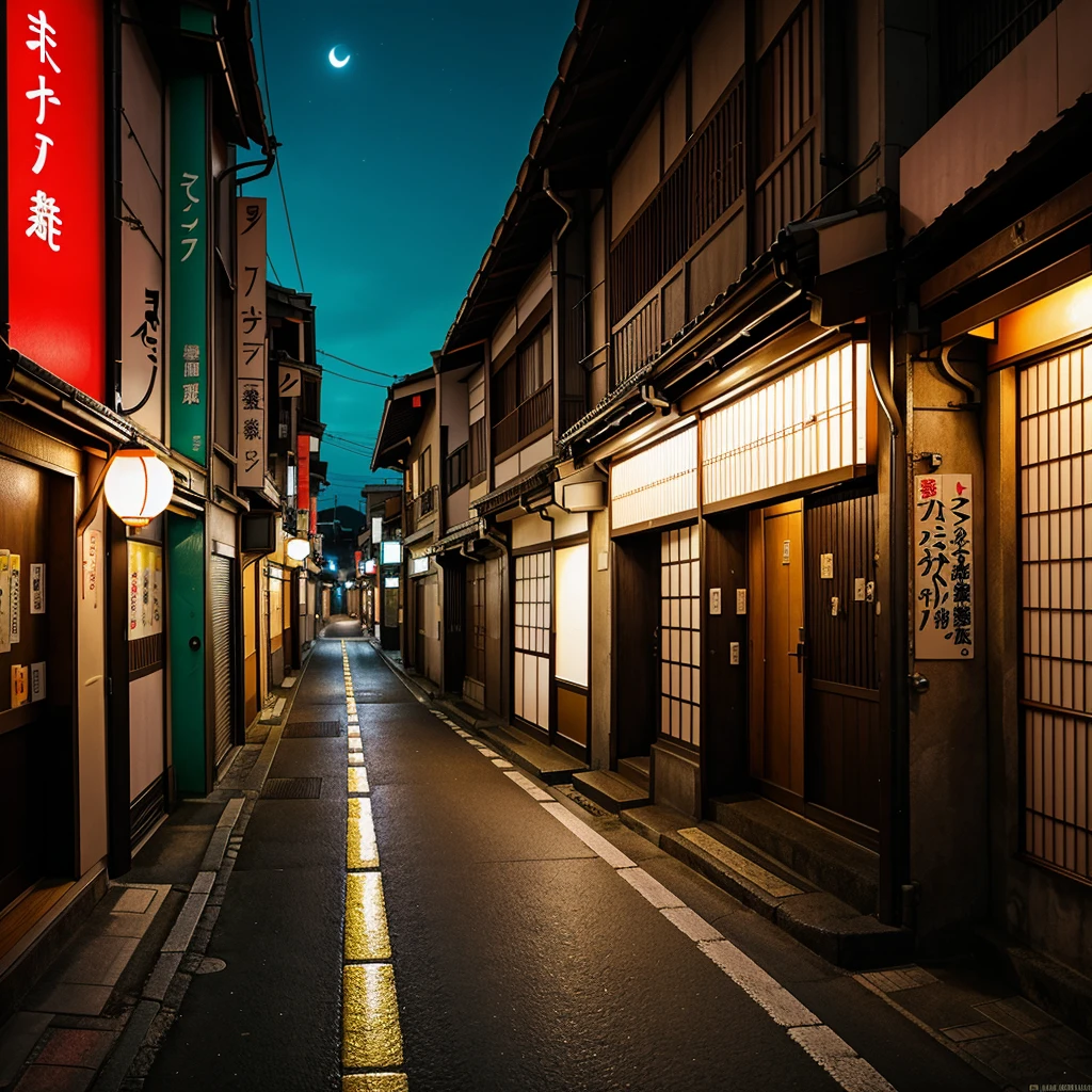 japanese street illustration, con colores neon con tonos celestes, en horizontal con una mezcla de calles iluminadas en la noche. que transmita serenidad y sintonia