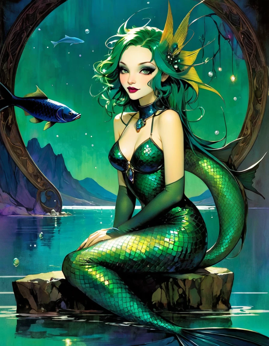 green hair, She is a mermaid with a long tail of fish and very beautiful, she is sitting cheerful and quiet, in the lake with an enclosed mountain, low and bright Darksynth aesthetic, minimalist background, gothic makeup, weird fashion photography, ultra detailed, masterpiece. night, God, full body, Decorative panels, Abstract artistic, Alphonse Mucha (tmasterpiece, Best quality, A high resolution: 1.4), A detailed, Complicated details,(art inspired by Bill Sienkiewicz) oil painting, details of brush strokes that enhance depth)