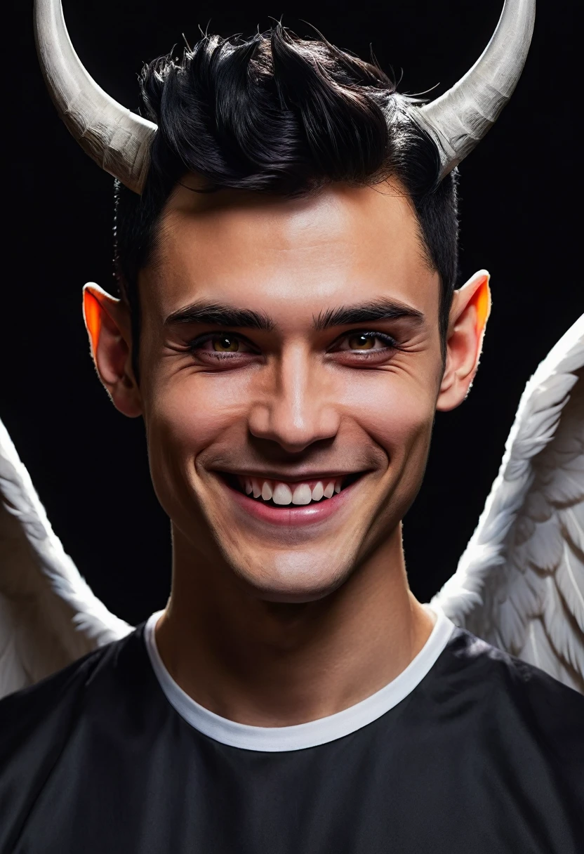 black hair, short ponytail, widow's peak, Angel Halo, demon horns, multicolored eyes, pointy ears, smile, young man, Conceptual art, Realism, chiaroscuro, anatomically correct, textured skin