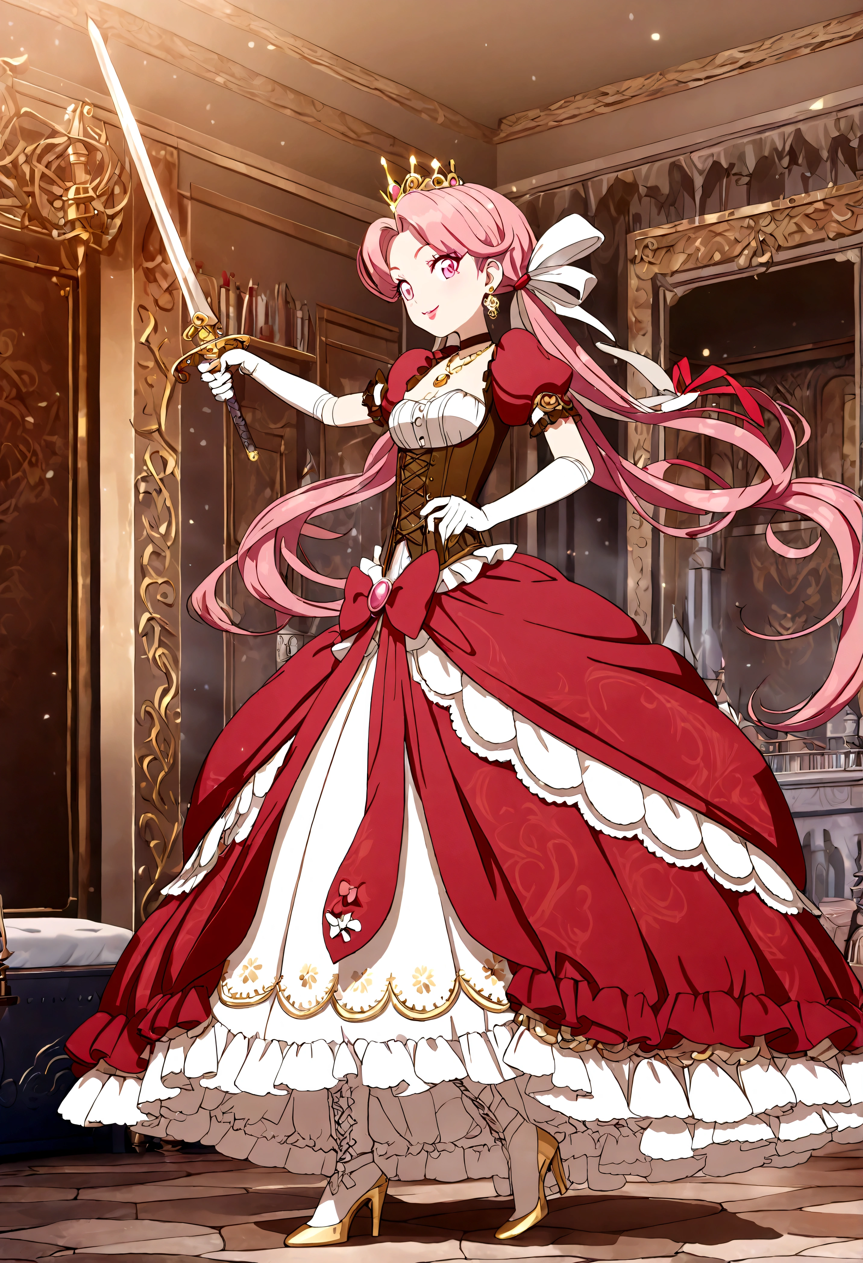 (best quality,4k,8k,highres,masterpiece:1.2),ultra-detailed, Pretty 15 years old princess, drawn in anime style, is cute and happy, long red pigtails hair, pink eyes, small breast, makeup and lipstick, steampunk, red ball gown with puffy sleeves, physically-based rendering,gorgeous frilly dress design,flowing gown,elaborate lace details,rich textures,contrast stitching,delicate ribbon bows,floral accents, daisy flowers embroidery, full skirt,short sleeves,fitted waistline,flared cuffs,lace-up back,luxurious fabrics,flawless silhouette, petticoat, bloomers, bustle, corset, hair ribbons, white elbow gloves, ruby earrings and necklace, gold tiara, high heels, holding a fencing sword, standing in castle bedroom, highly detailed, 4K.