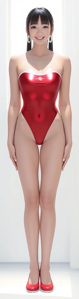 On a white background,A tall and beautiful Chinese girl,with fair skin,Toothy smile,A big smile,When you laugh, Your eyes are crescent-shaped,blunt bangs, long straight hair,Wear a one-piece swimsuit and pumps,Swimsuits are decorated with joyful patterns, Stand up straight,Stand upright,hands on sides,Symmetrical distribution,Ray tracing,All shaded areas,No windows, Soft lighting, Warm light, flood light, n, Studio light, 1.4x Realistic Ultra HD