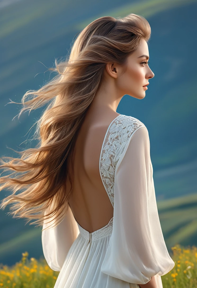 Back View, a woman, incredibly beautiful, hair sways in the gentle breeze, best quality, 8k, high resolution, ultra-detailed,