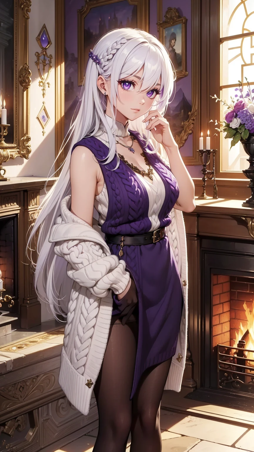 ((best quality)), ((masterpiece)), ((best quality)), ((masterpiece)), ((detailed)), Ridiculous resolution, high resolution, (masterpiece:1.4), Hyper-detailing, a young european woman. Necklace. ((Sleeveless wool v-neck sweater)). Fireplace. Castle. Standing. ((White hair)). She has bangs in her hair. Standing. ((Purple eyes)).