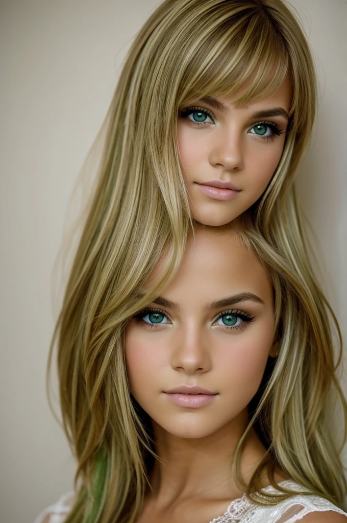 fine art portrait of a twins young13yo girl whit big breasted long curly hair blond hair, girls school totally naked, they are beautiful