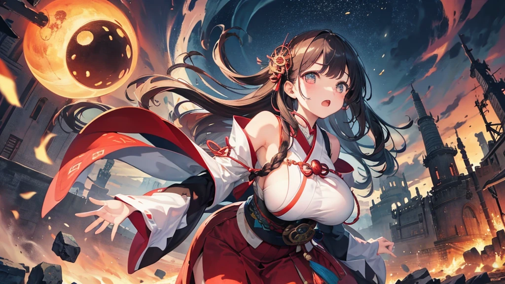 A girl with a giant round monster with its mouth wide open,A Broken World,Collapse,force,castle town,Japanese style