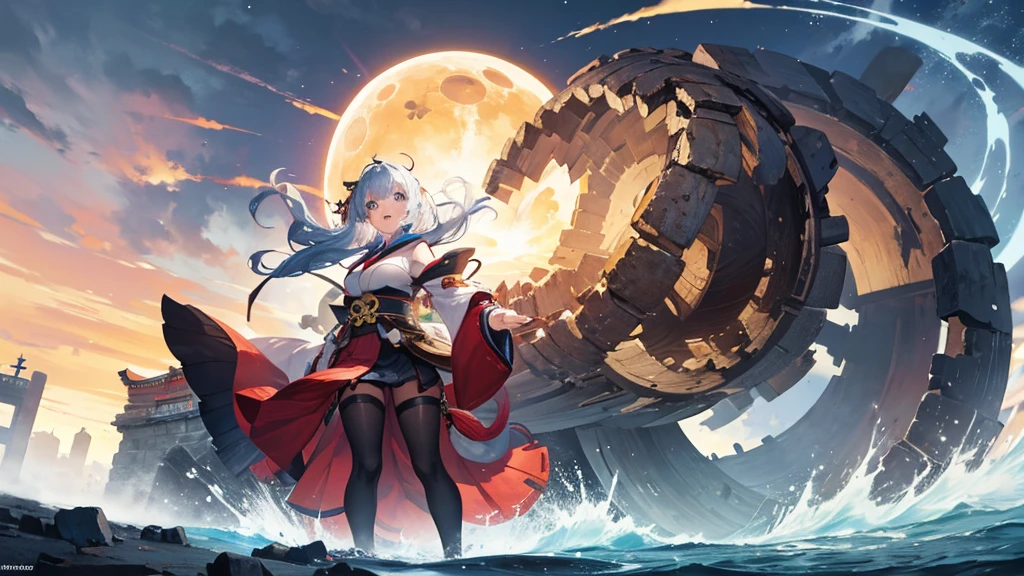 A girl with a giant round monster with its mouth wide open,A Broken World,Collapse,force,castle town,Japanese style