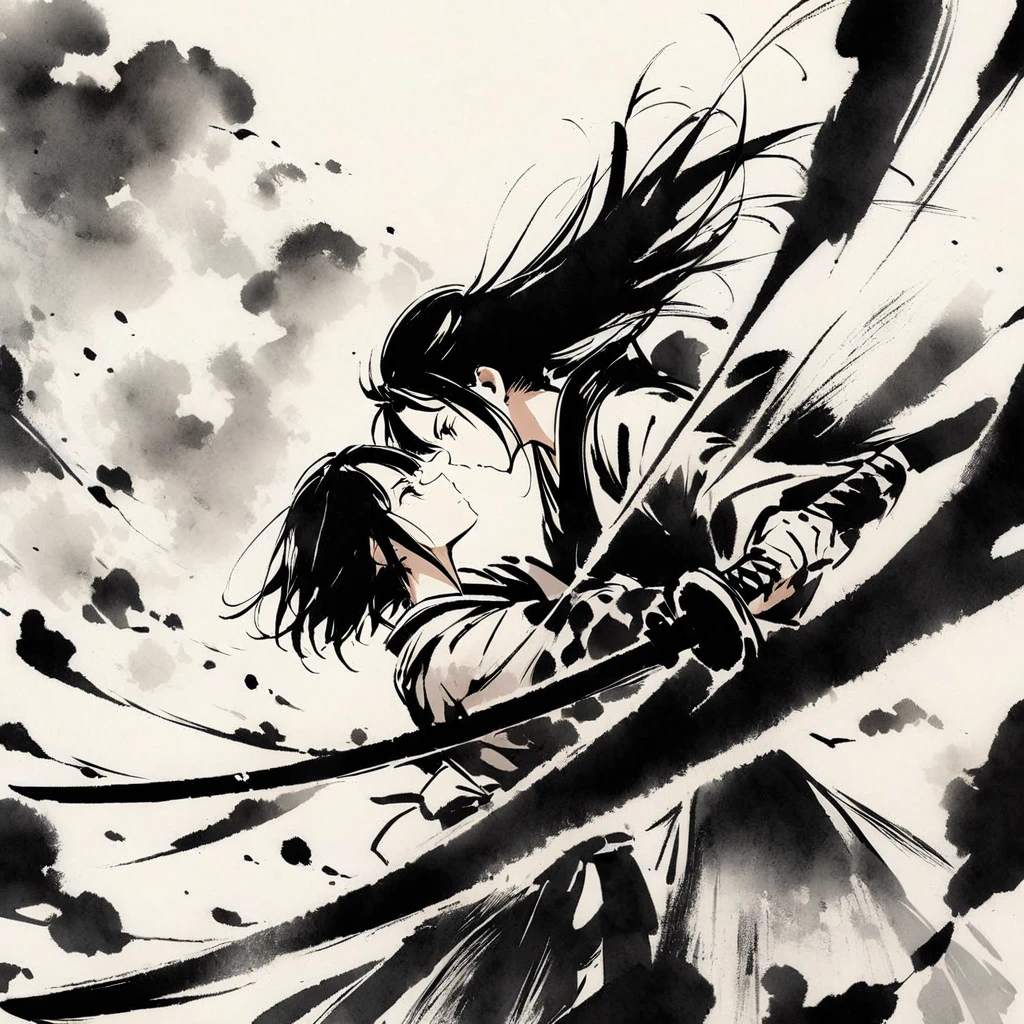 Top quality, masterpiece, beautiful girl, samurai, ink painting, profile, two people facing each other, holding swords, crossing each other,battle


