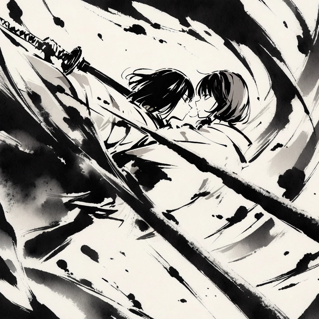 Top quality, masterpiece, beautiful girl, samurai, ink painting, profile, two people facing each other, holding swords, crossing each other,battle


