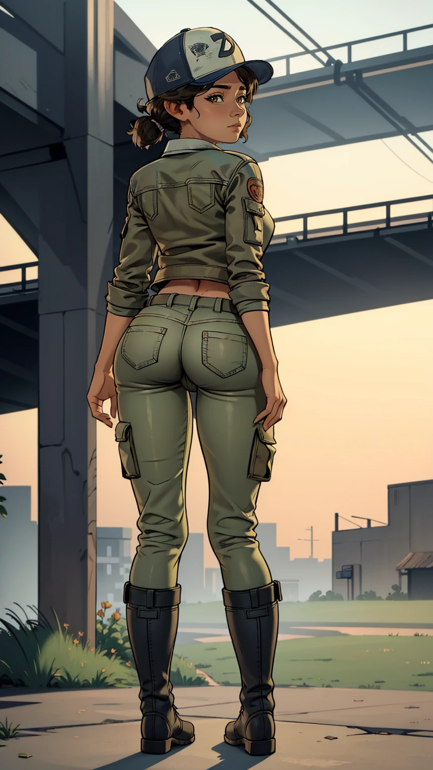 ((masterpiece, best quality)),(complex lighting) ,solo,(((1girl))) ,clementine, light skin,light-skinned female, baseball cap, green cargo pants, brown eyes, tight pants, combat boots, shirt, short hair, one short ponytail, open denim jacket, huge butt, thicc butt , (((8k))), (((full body))), (((bent over))), (((looking at the viewer))), cameltoe