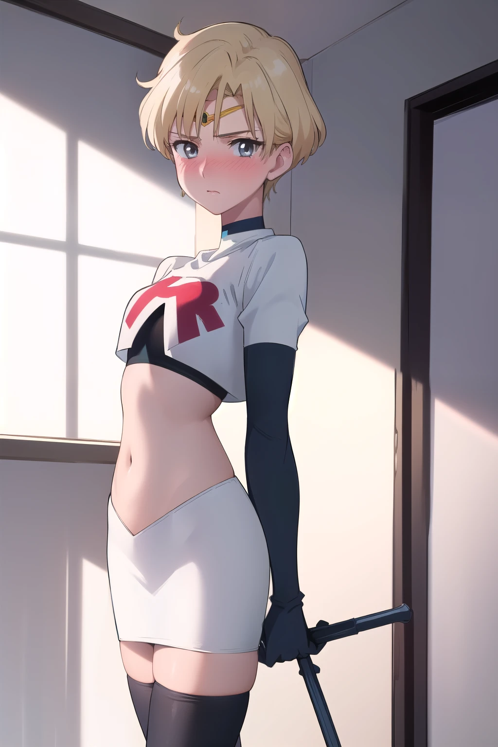 (best quality:1.1), (masterpiece:1.4), (absurdres:1.0),
1girl, sailor uranus, KizukiAi, mature woman, small breasts, aqua eyes, blonde hair, (blush:1.2), looking at viewer, team rocket,team rocket uniform,white skirt,red letter R,crop top,black thigh-highs,black elbow gloves