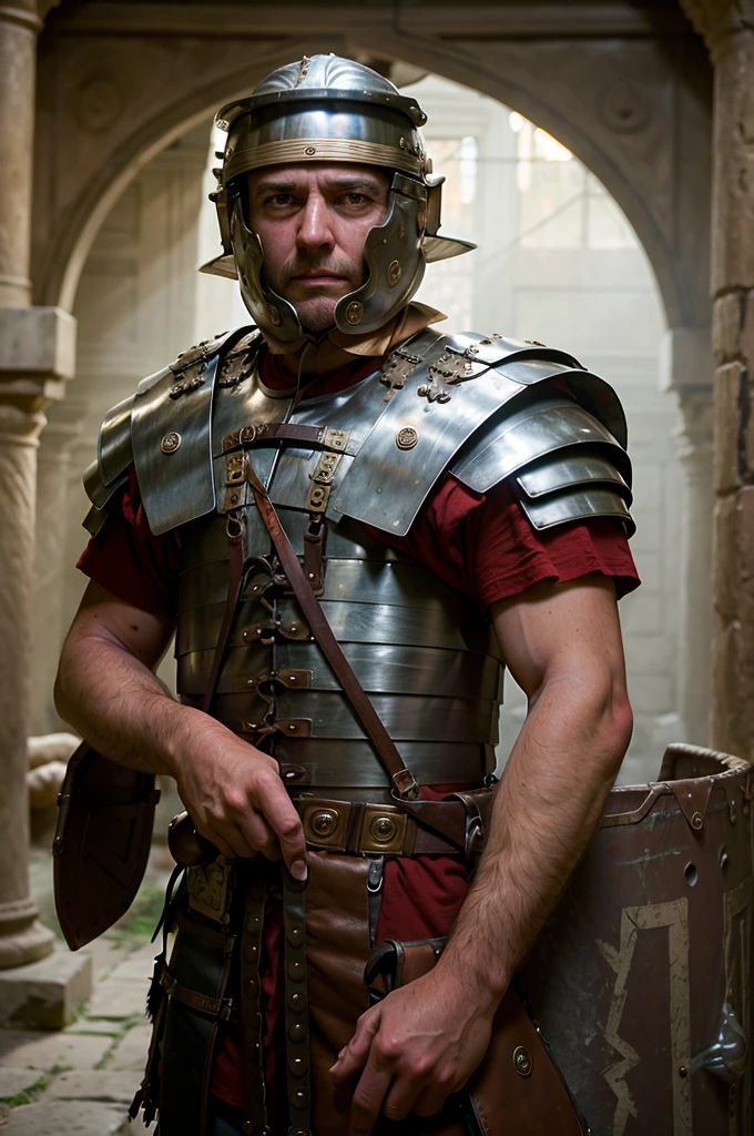 a photo of a rugged man wearing loriseg armor and helmet in an ancient temple interior, red tunic, backlight, dimly lit, cowboy shot, huging a 14 years old roman noble girl, (slim body, light brown hair, blueish eyes, ultra detailed noble yet seductive face), 16K, ultra high res.photorealistic, UHD, RAW
