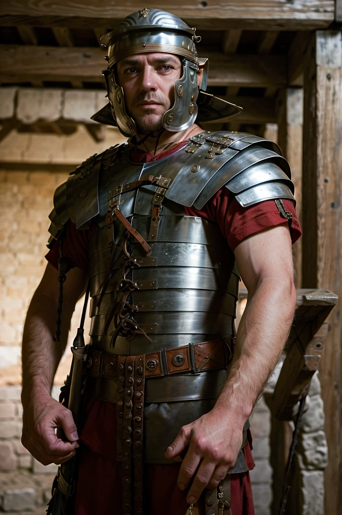 a photo of a rugged man wearing loriseg armor and helmet in an ancient temple interior, red tunic, backlight, dimly lit, cowboy shot, huging a 14 years old roman noble girl, (slim body, light brown hair, blueish eyes, ultra detailed noble yet seductive face), 16K, ultra high res.photorealistic, UHD, RAW