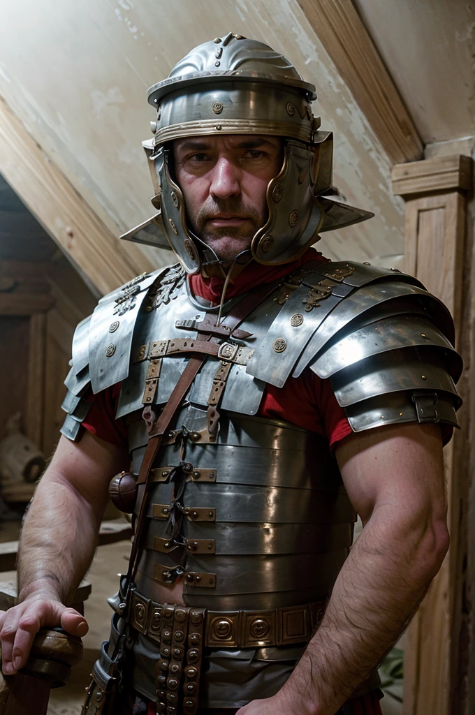a photo of a rugged man wearing loriseg armor and helmet in an ancient temple interior, red tunic, backlight, dimly lit, cowboy shot, huging a 14 years old roman noble girl, (slim body, light brown hair, blueish eyes, ultra detailed noble yet seductive face), 16K, ultra high res.photorealistic, UHD, RAW