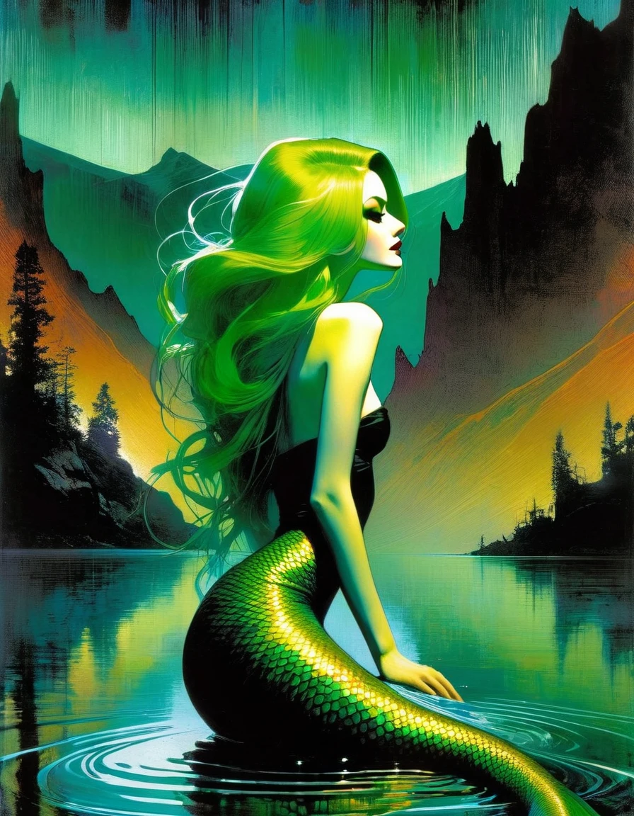 green hair, She is a mermaid with a long tail of fish and very beautiful, she is sitting cheerful and quiet, in the lake with an enclosed mountain, low and bright Darksynth aesthetic, minimalist background, gothic makeup, weird fashion photography, ultra detailed, masterpiece. night, God, full body, Decorative panels, Abstract artistic, Alphonse Mucha (tmasterpiece, Best quality, A high resolution: 1.4), A detailed, Complicated details,(art inspired by Bill Sienkiewicz) oil painting, details of brush strokes that enhance depth)