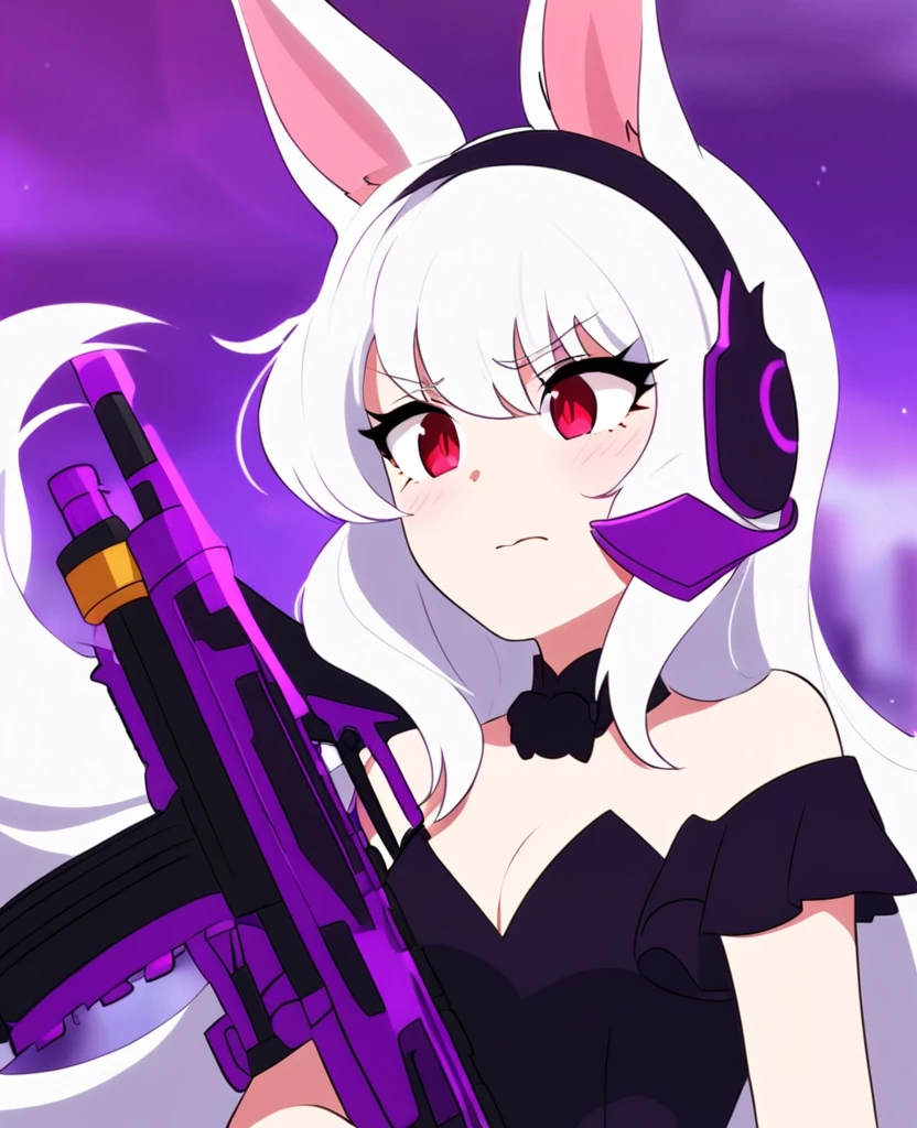 Make me a RWBY OC. She is a bunny faunus girl. Her weapon being these purple machine guns. She's shy and quiet, but gets angry and hot-blooded in battle. She has long white hair and red eyes. Draw in RWBY Ice Queendom artstyle.