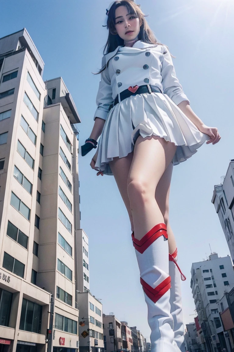 Girl taller than the building,from below, round and large eyes、tallgts,giantess,Full body photo,BuildingSeat, white uniform,Big breasts,pencil skirts,,white boots,cleveage of the breast、a miniskirt、Modern miniature buildings、top-quality、Watercolor style、stomping