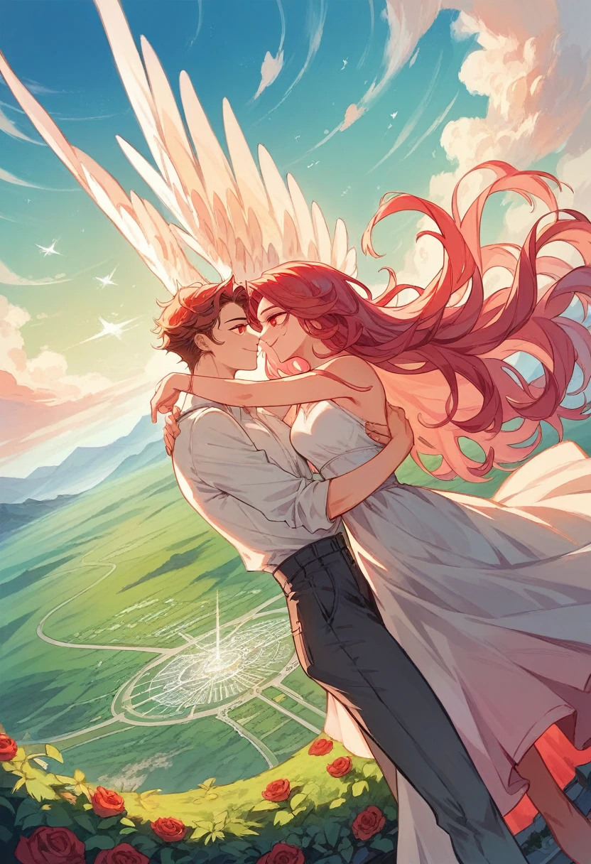 (couple), girl and boy, sky, rich in detail, embrace, happy expression, love, super wide angle, 1girl, (((masterpiece, best quality, scenery, aesthetic, heavenly))), ((girl with red eyes, vibrant pink long hair)), ((intimate)), 1boy, ((boy with green eyes, short black curly hair, slightly taller))