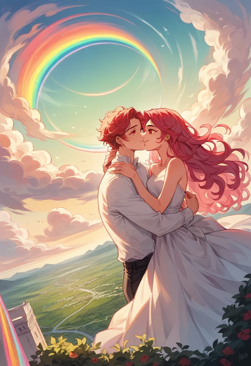 (couple), girl and boy, sky, rich in detail, embrace, happy expression, love, super wide angle, 1girl, (((masterpiece, best quality, scenery, aesthetic, heavenly))), ((girl with red eyes, vibrant pink long hair)), ((intimate)), 1boy, ((boy with green eyes, short black curly hair, slightly taller))