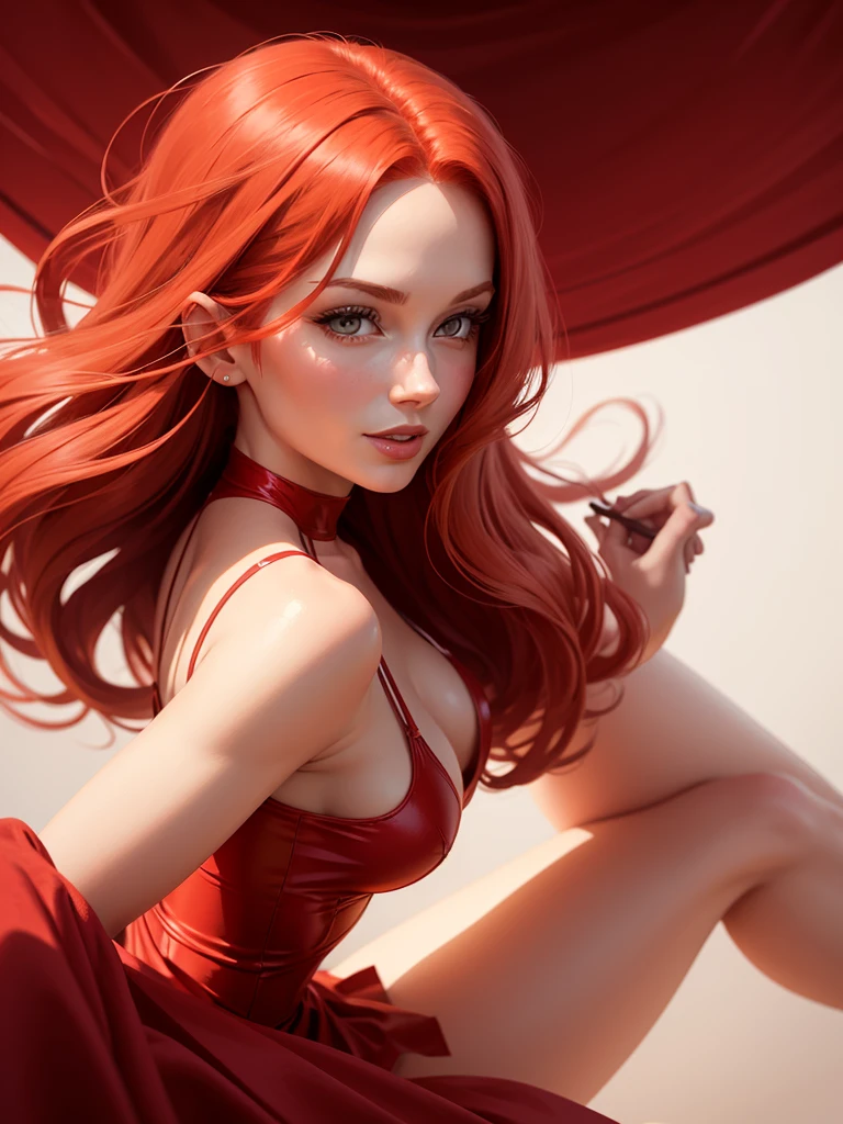 Illustration, drawing of a adult red hair woman, 30 years old, sexy, dressed with a revealing red dress. Happy look. Solid white color background. Work of art. Image with side margins. #3D, #illustration, #cinematic