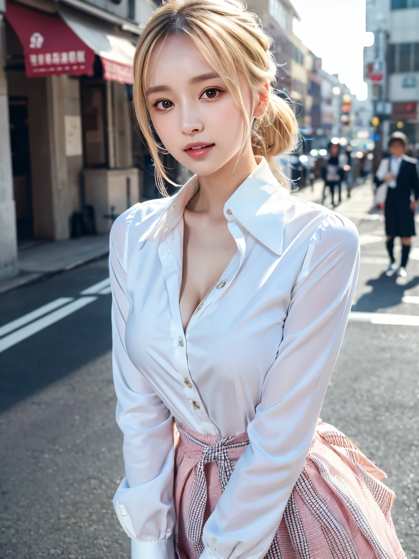 (Tabletop:1.3), (8k, Realistic, RAW Photos, highest quality: 1.4), Japanese, (One Girl), Beautiful Face, (Realistic Face), (Black Hair), Beautiful Hairstyles, Realistic eyes, Beautiful fine details, (Realistic Skin), Beautiful Skin, Charm, 超A high resolution, Surreal, Very detailed, Golden Ratio、 Show from waist to shoulders, Beautifully detailed skin, (cute:1.2), (Black Hair), ((JPOP Idol)), (Upper thigh:0.6), (Depth of written boundary),Soft Light, Lens Glow, View Viewer, (Droopy eyes:1.2), Straight teeth,smile, Floating Hair, (Blonde:1.2), Brown eyes, Movie Scenes, Cinematic, Full Color, 4K, 8k, 16K, RAW Photos, Tabletop, Professionally color coded, Professional photography, Cleavage,high school girl, Put your hair up, think,(Sweat,Haa)1.2,(blush,Open your mouth)1.3,Soft Clean Focus, Realistic lighting and shading, (Very delicate and beautiful art)1.3, elegant,Active Angle,Dynamism Pose, Realistic, (cute女の子:1.1), High resolution, Ultra Clear, Sharp focus, ,Cosplay, slim, transparent white cloth,Gray Hair, High Ponytail, (Off-White Damask Long Sleeve Shirt Dress:1.3), (Thom Browne designer dress:1.4), (Very detailed背景, Detailed background: 1.3), Bokeh, Depth of written boundary, China City Street, There is no one in the background,(Skirt flip、Pink Panties:1.1)