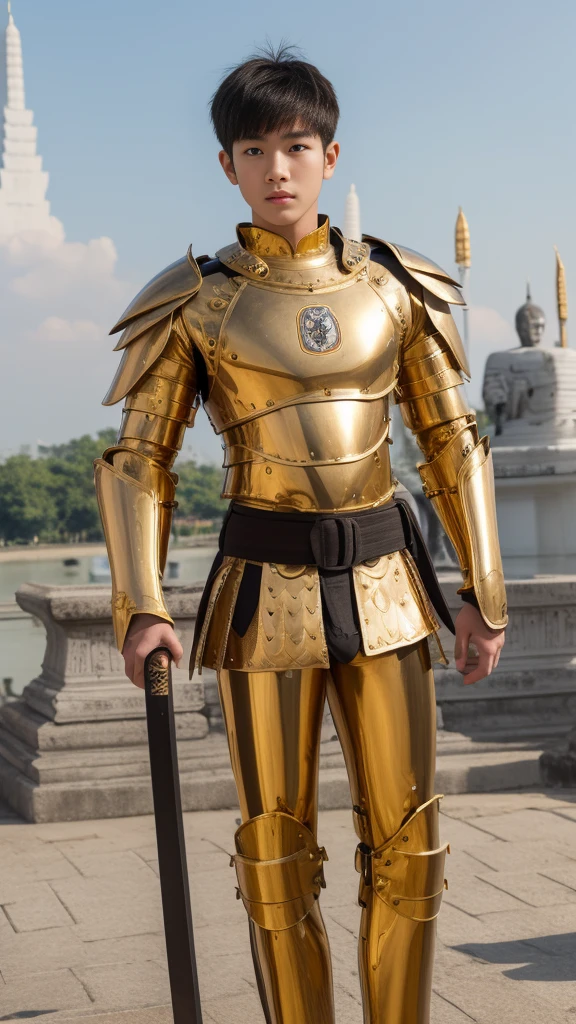 age Korean boy 15 yung warriors , skinny fat body ,sexy armour, shirtless, gold belt,Tanga armour, bulge armour, penis armour,nudestyle, carry katana sword on back standing in Sanam Luang Bangkok,