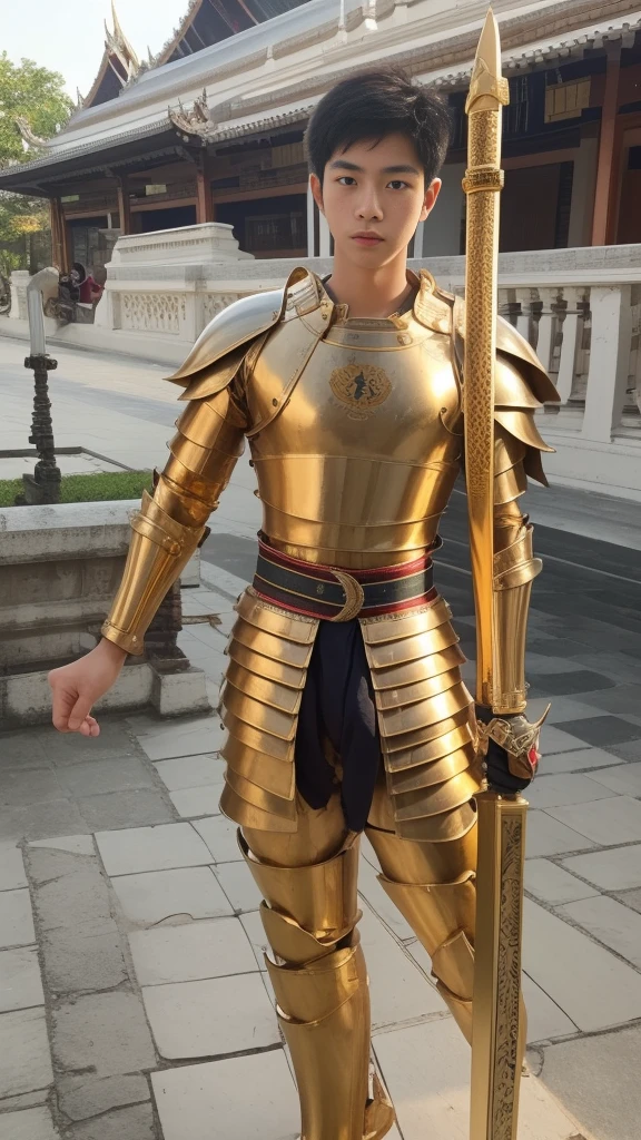 Teenage Korean boy 15 years old, young warriors , skinny fat body ,sexy armour, shirtless, gold belt,Tanga armour, bulge armour, penis armour,nudestyle, carry katana sword on back standing in Sanam Luang Bangkok,