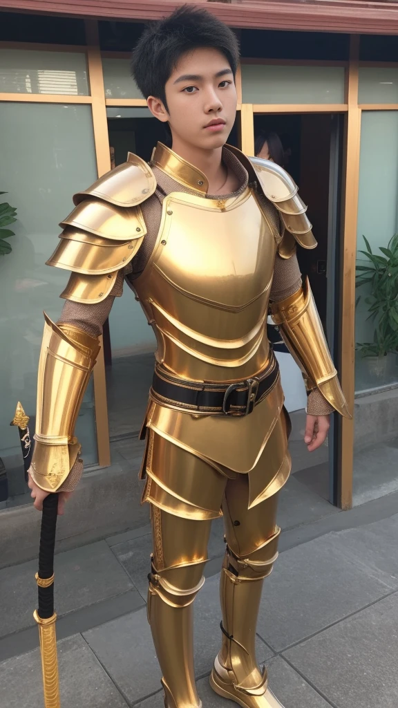 Teenage Korean boy 15 years old, young warriors , skinny fat body ,sexy armour, shirtless, gold belt,Tanga armour, bulge armour, penis armour,nudestyle, carry katana sword on back standing in Sanam Luang Bangkok,