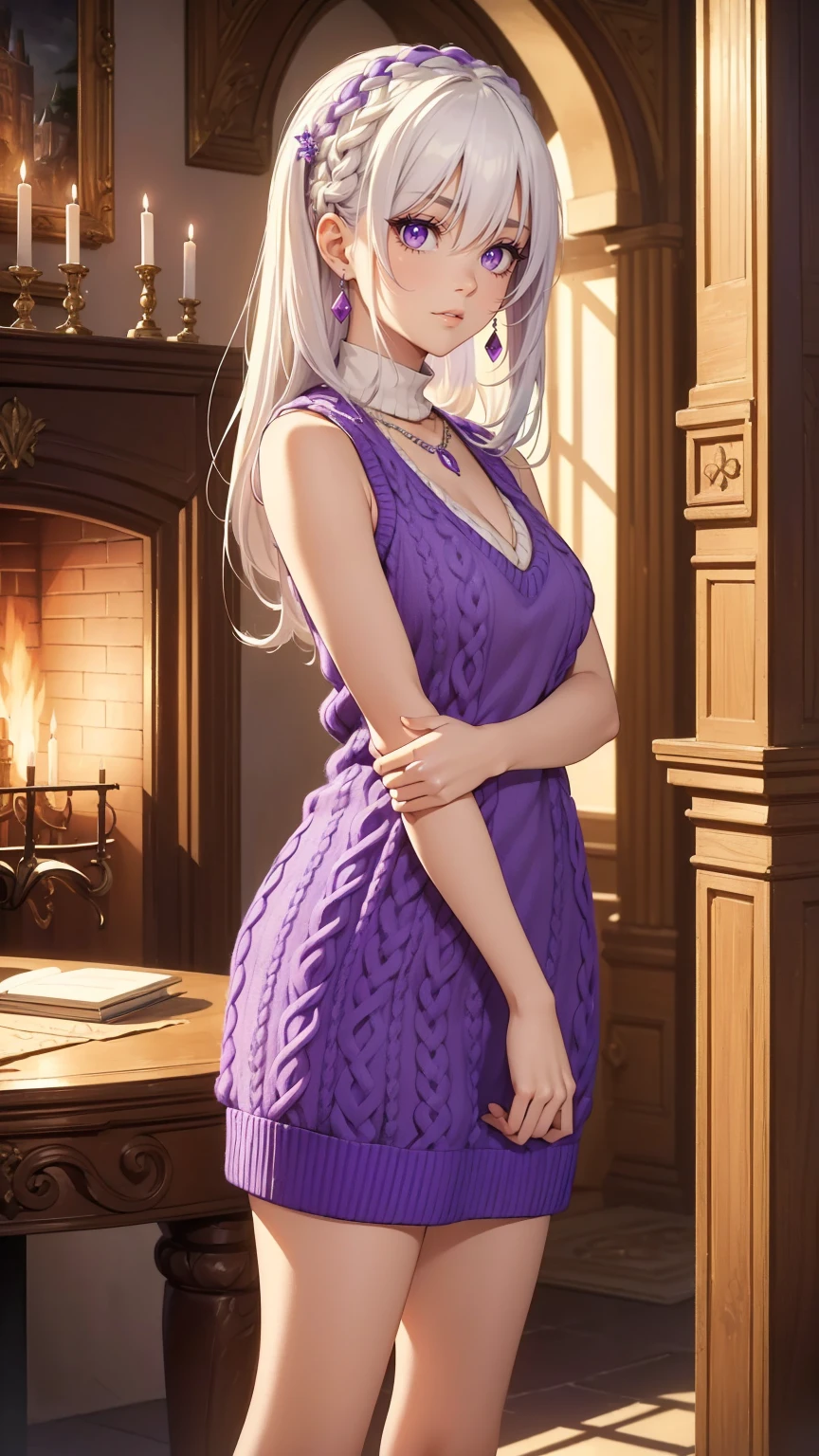 ((best quality)), ((masterpiece)), ((best quality)), ((masterpiece)), ((detailed)), Ridiculous resolution, high resolution, (masterpiece:1.4), Hyper-detailing, a young european woman. Necklace. ((Sleeveless wool v-neck sweater)). Fireplace. Castle. Standing. ((White hair)). She has bangs in her hair. Standing. ((Purple eyes)).